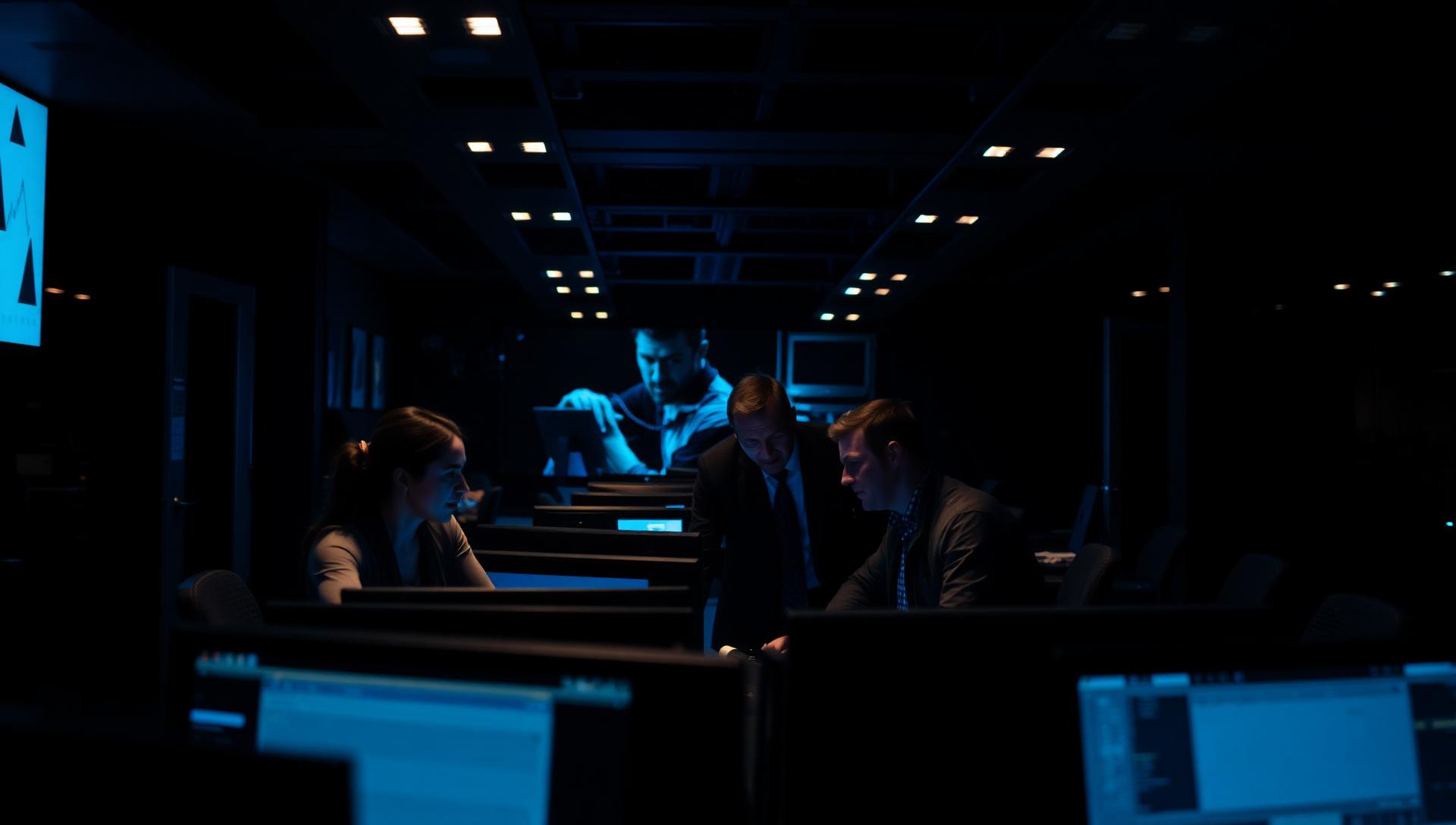Global Market One team working on the trading floor at night