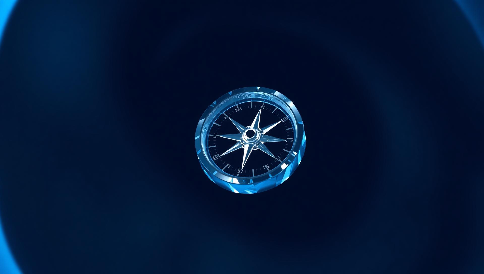Abstract crystalline compass rendered in navy and periwinkle