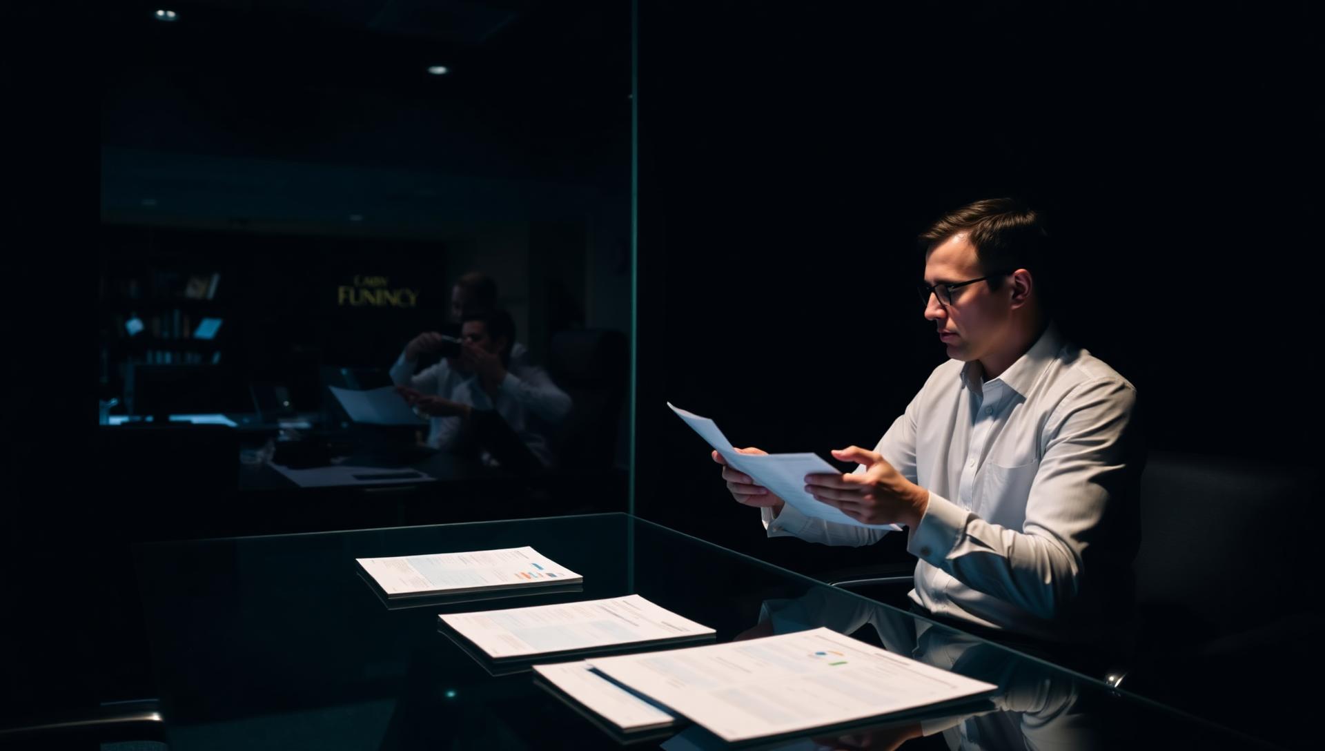 Private client meeting room at night with account documentation on a glass table