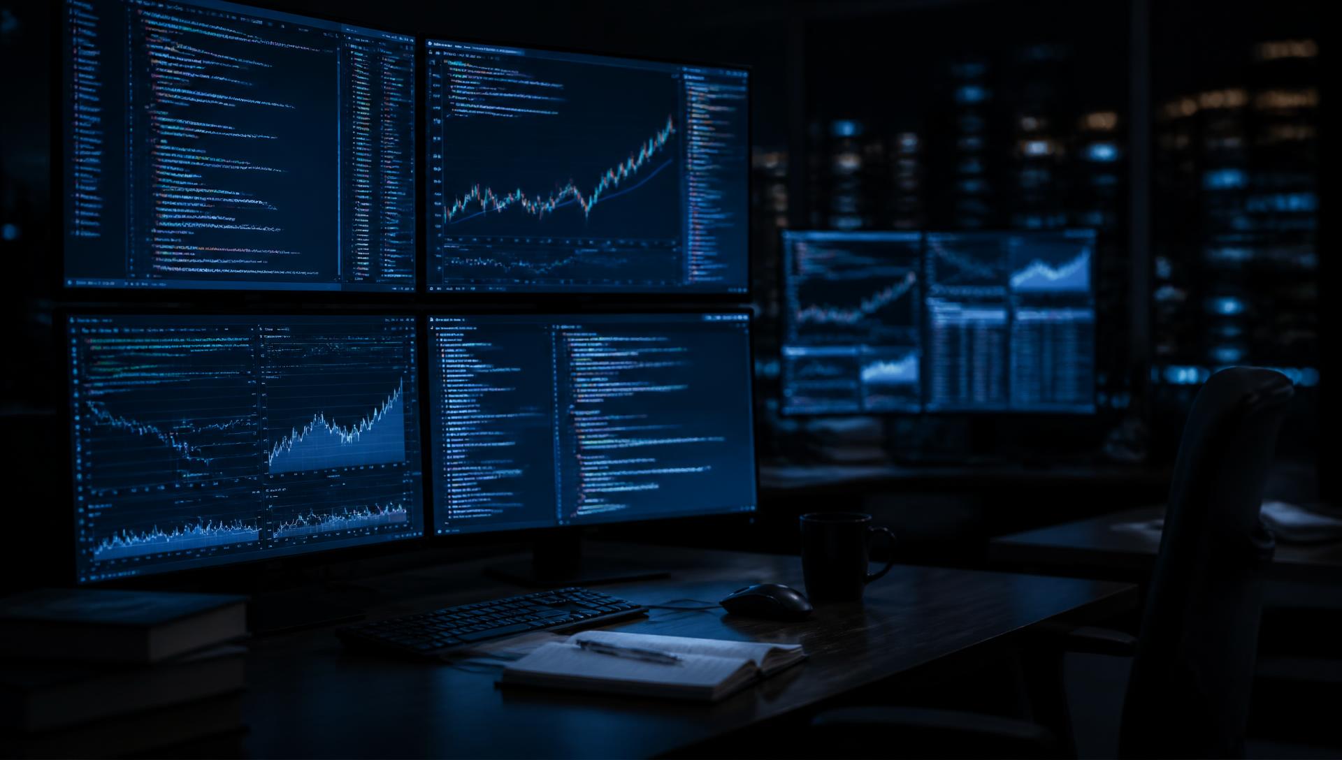 Quantitative research desk at night with strategy code and model charts on screen