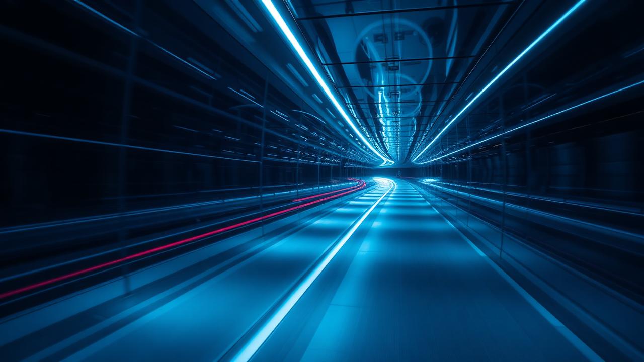 Blue light trails streaking through a dark corridor