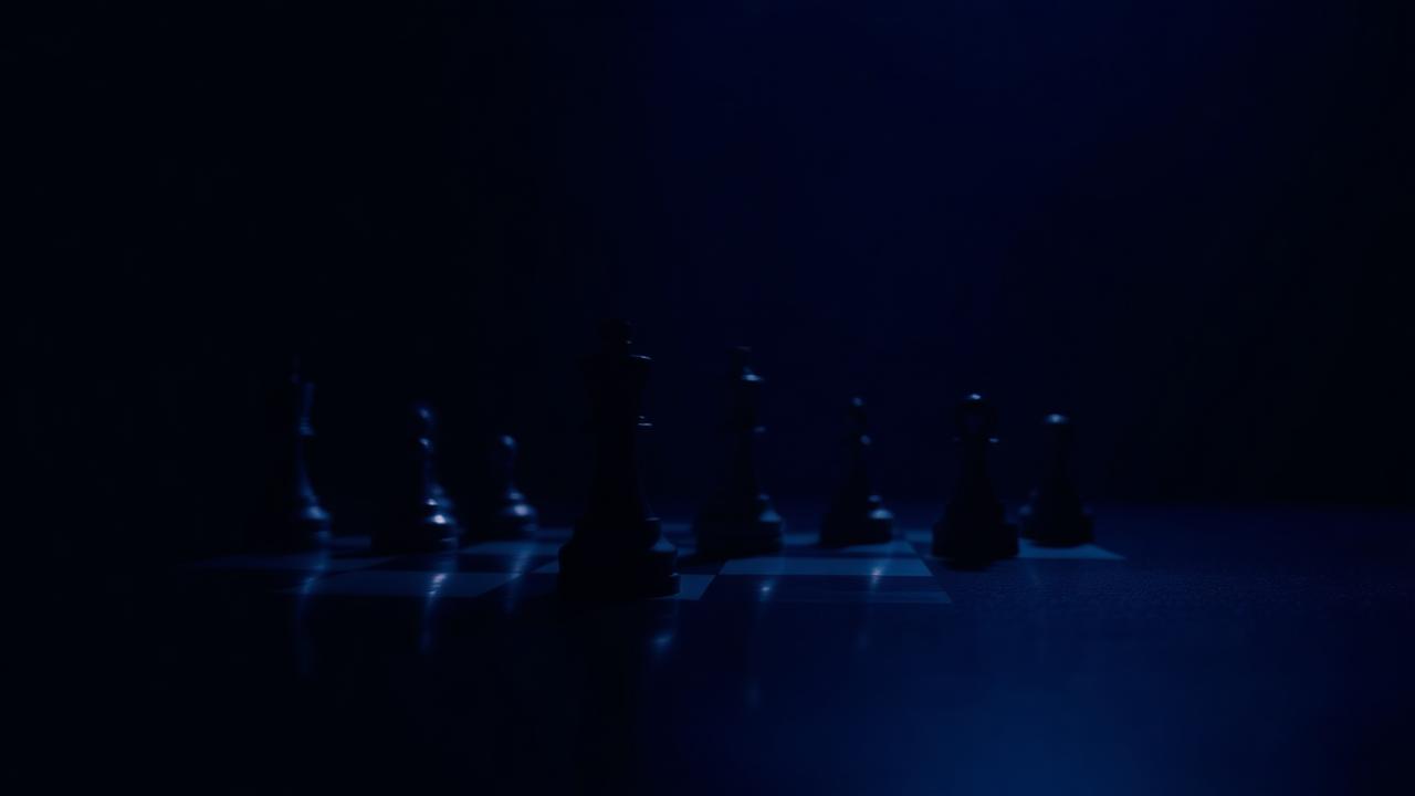 Chess pieces lit by cool blue light on a dark board