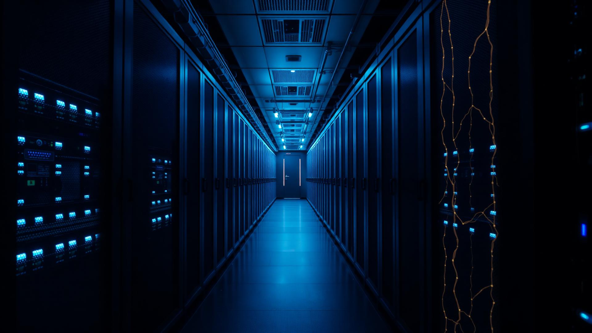Blue-lit data centre corridor representing always-on crypto infrastructure