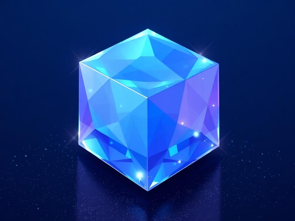 Abstract low-poly glowing blue crystalline cube representing a digital asset against a starfield