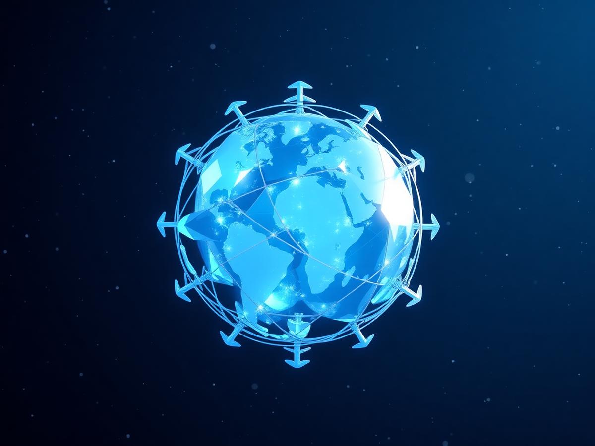 Abstract low-poly 3D globe of currency arrows rendered in glowing blue against a starfield