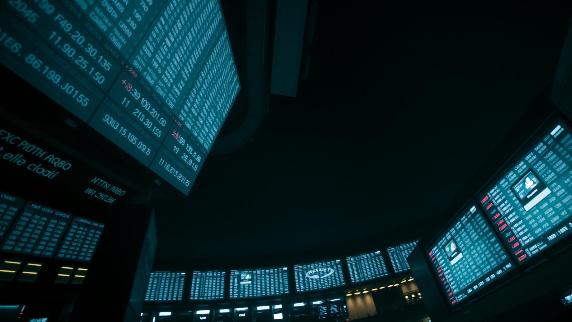 Exchange index boards glowing above a darkened trading floor