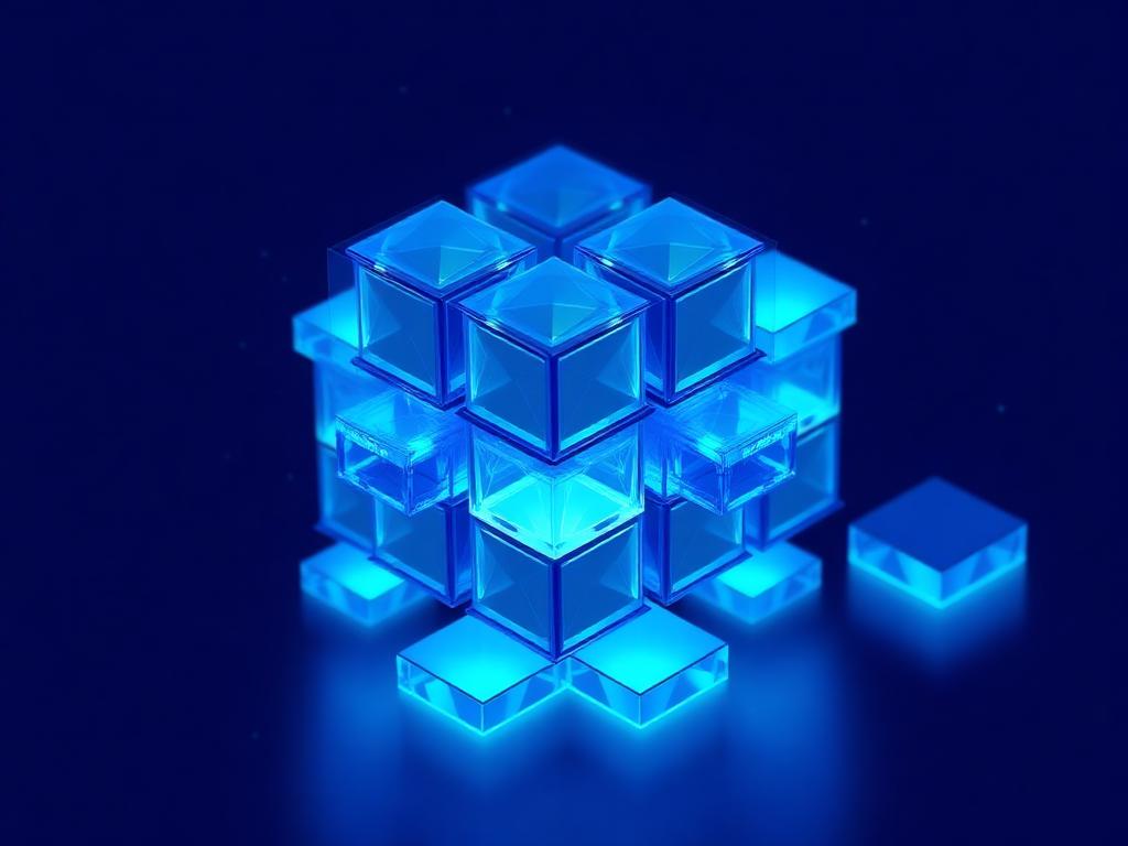 Abstract low-poly glowing blue cubes arranged as a stylised equity market grid