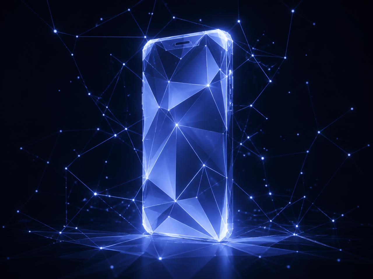 Abstract low-poly 3D smartphone rendered in glowing blue against a starfield